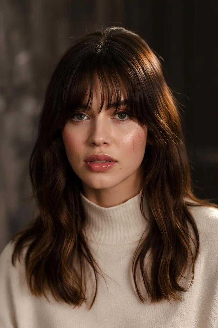Bangs hairstyle inspiration 2026 Long Wavy Layers with Full Bangs