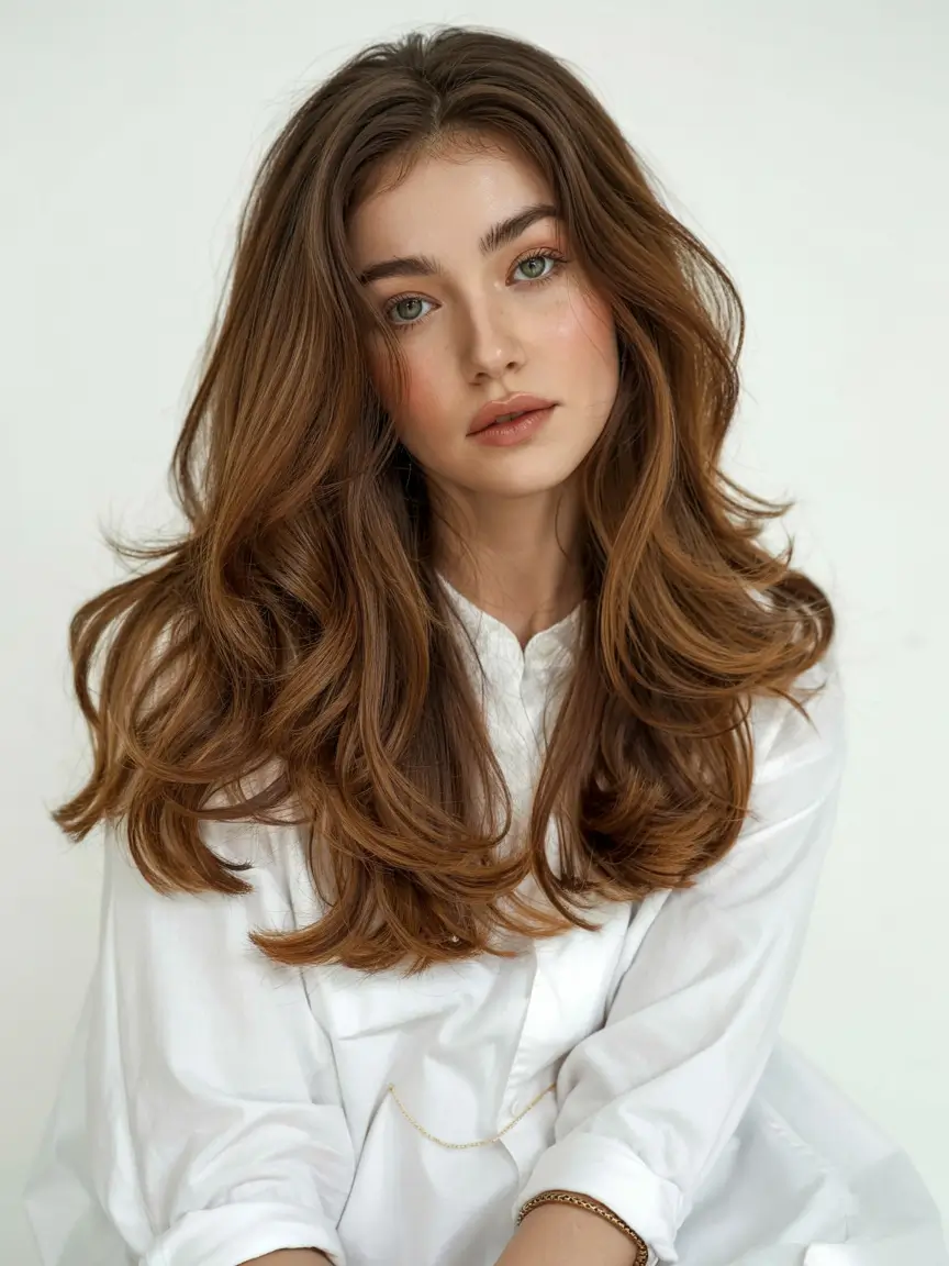Bangs hairstyle inspiration 2026 Soft Layered Waves with Face-Framing Bangs