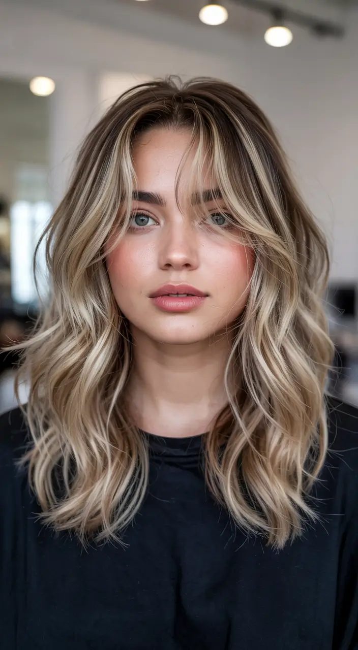 Bangs hairstyle inspiration 2026 Golden Balayage Waves with Soft Curtain Bangs