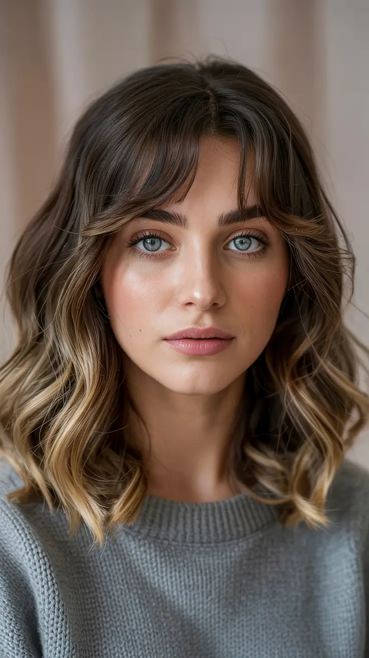 Bangs hairstyle inspiration 2026 Chocolate Balayage Bob with Layered Fringe