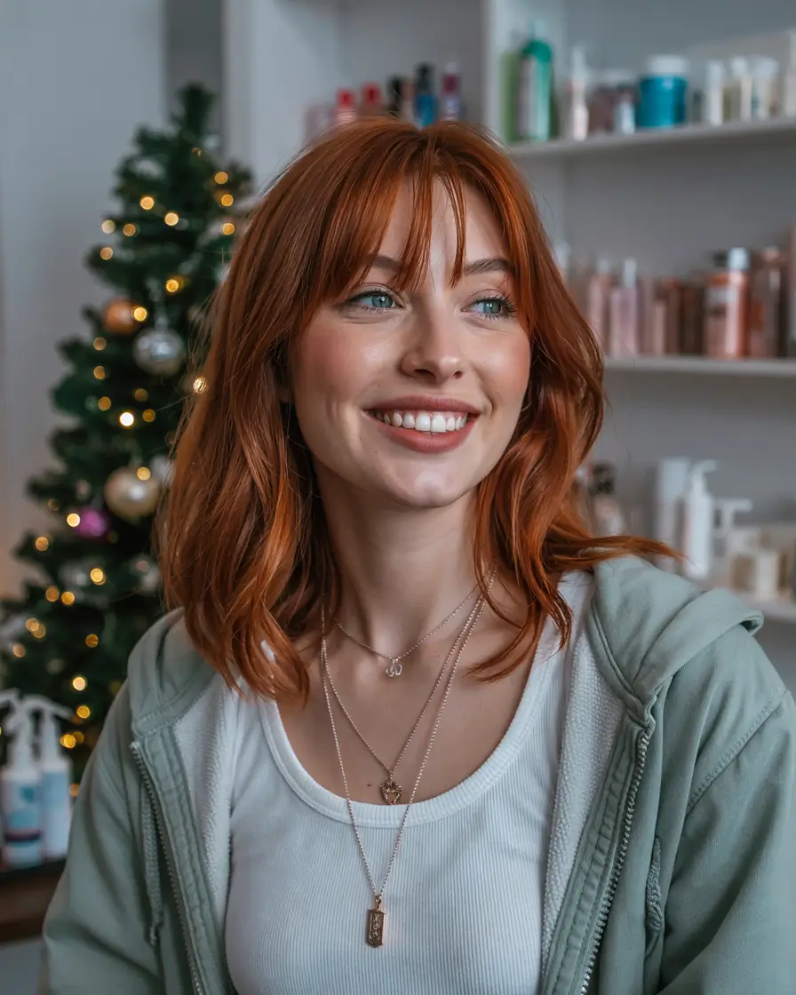 Bangs hairstyle inspiration 2026 Copper Glow Mid Length with Wispy Fringe