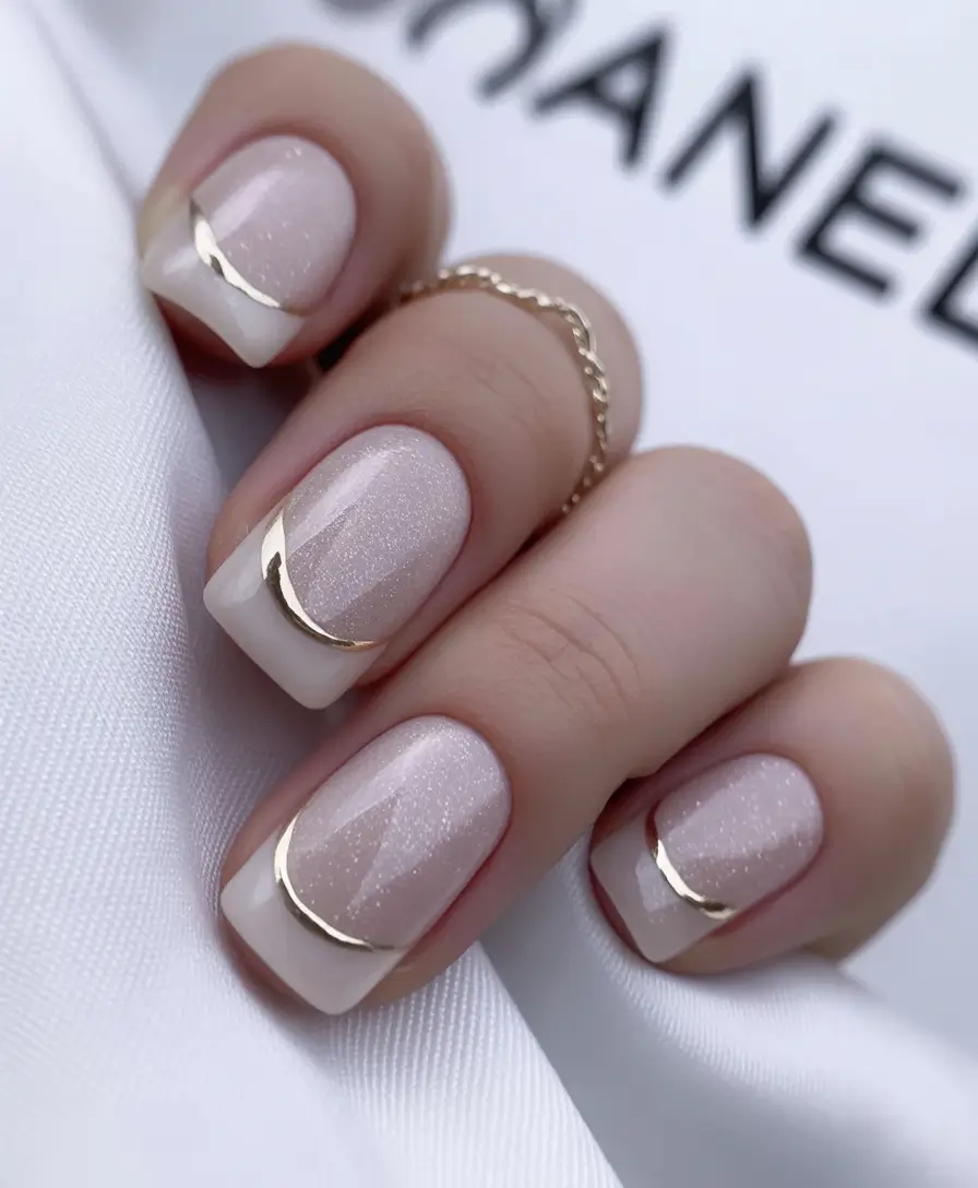 best french nails 2026 Timeless Pearl French With Gold Crescent Touch
