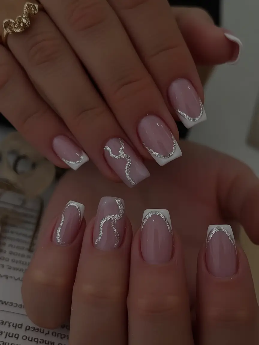 best french nails 2026 White and Silver Swirl French With Artistic Accents