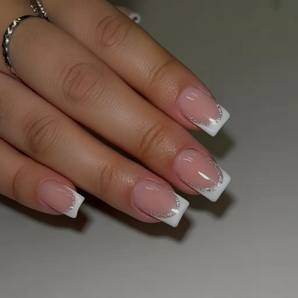 best french nails 2026 Square White French With Silver Accent Line
