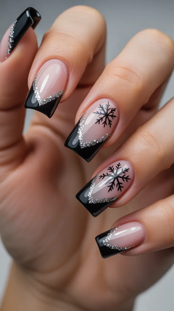 best french nails 2026 Black Winter French With Silver Snowflake Art
