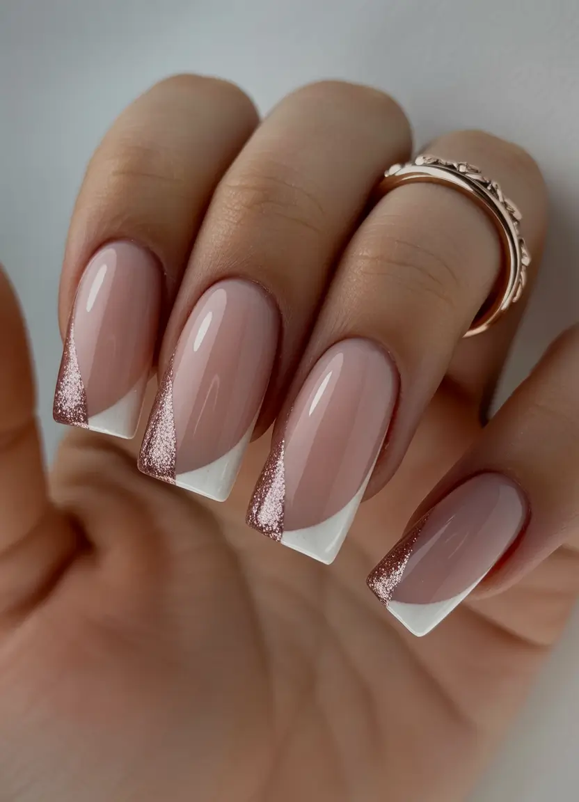 best french nails 2026 White French With Rosy Glitter Angles