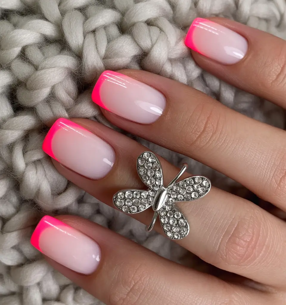 best french nails 2026 Hot Pink Neon French Glow