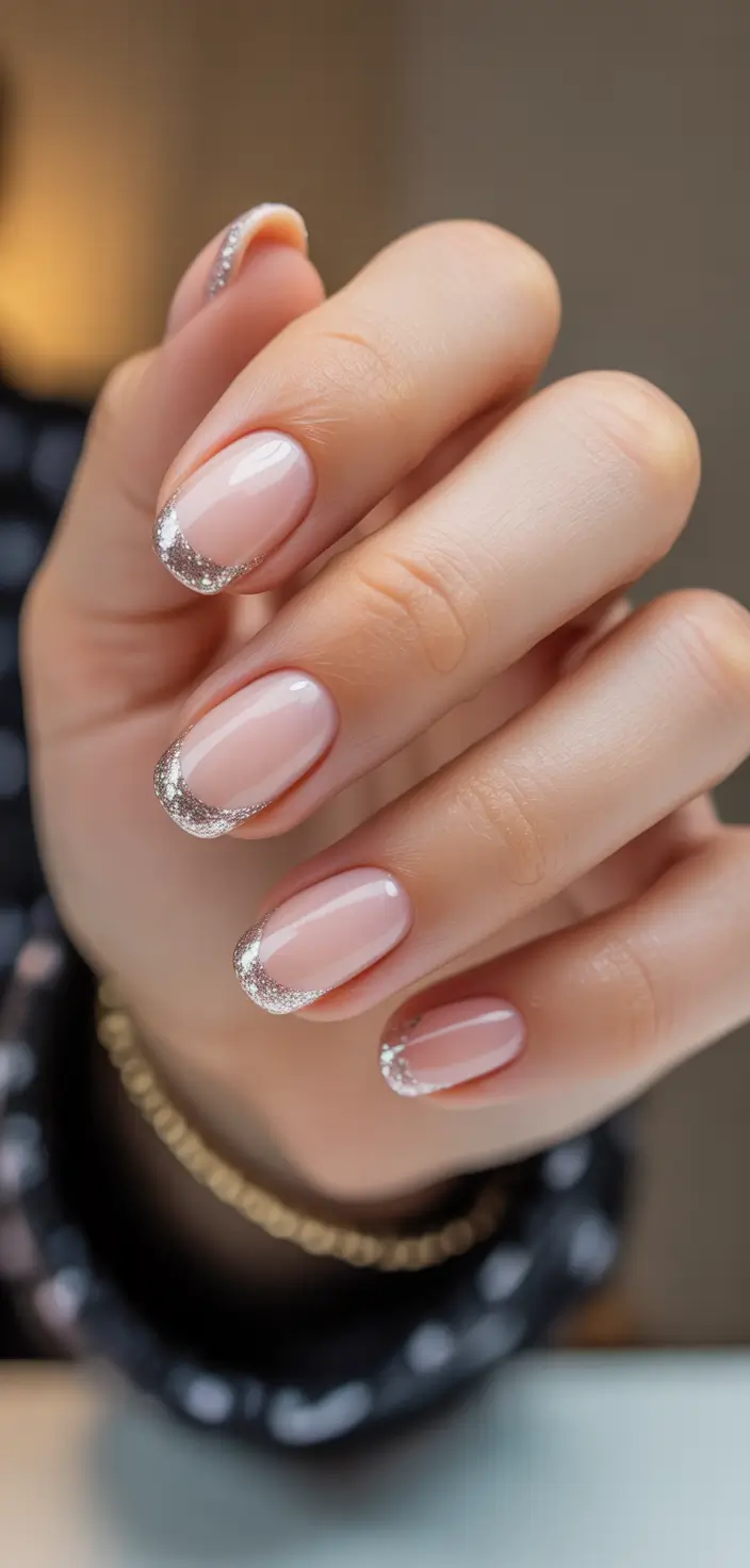best french nails 2026 Silver Glitter Contour French With Soft Pink Base