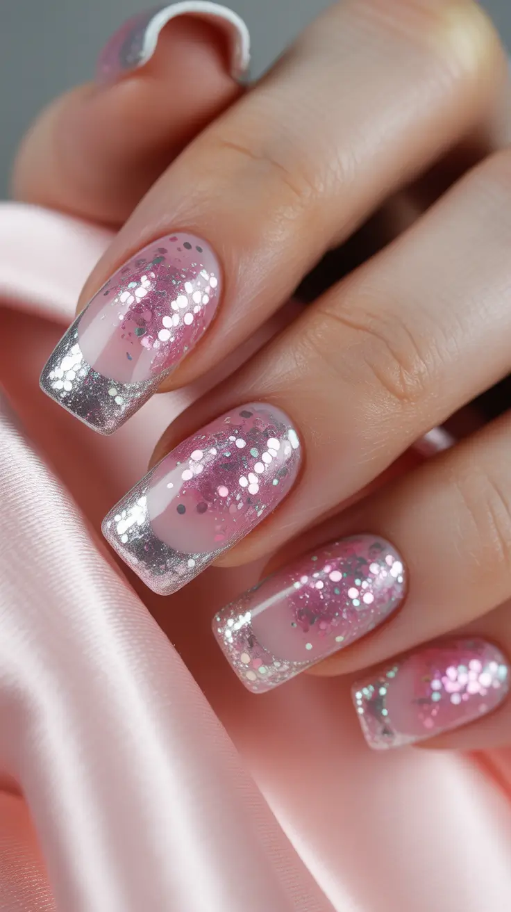 best french nails 2026 Pink Confetti Glitter French With Silver Edges