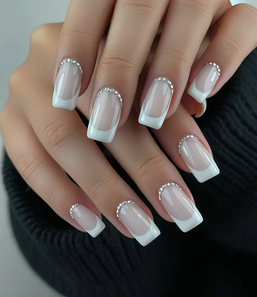 best french nails 2026 Classic White French With Crystal Arc Detailing