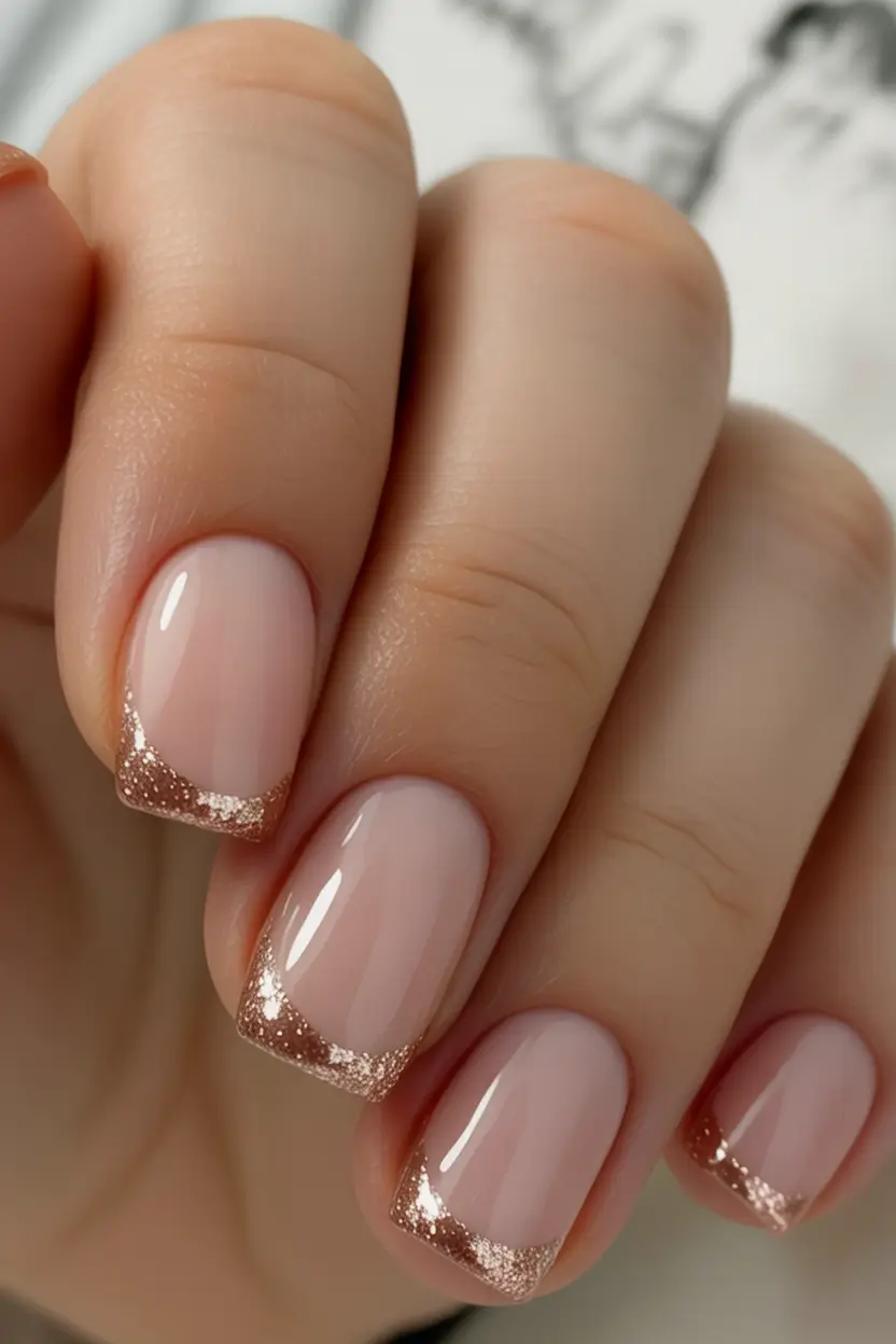 best french nails 2026 Rose Gold Micro Glitter French for Short Nails