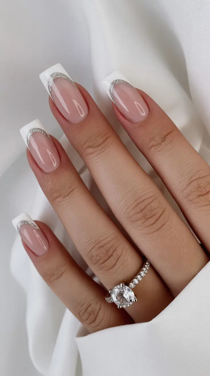 best french nails 2026 White Square French With Silver Crescent Accent