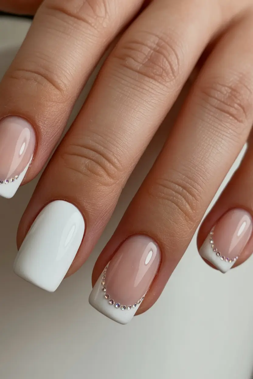 best french nails 2026 White and Crystal Detailed French Elegance