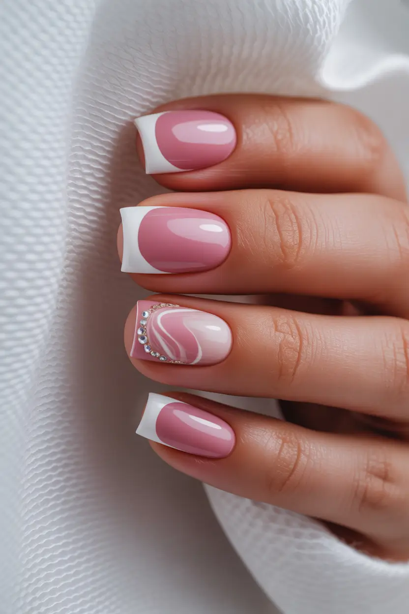 best french nails 2026 Modern Pink French With Artistic Accent Swirl