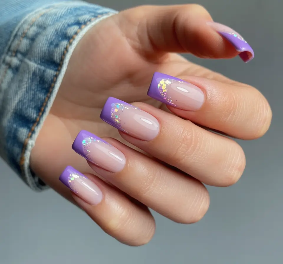 best french nails 2026 Lavender Glitter French With Winter Shine