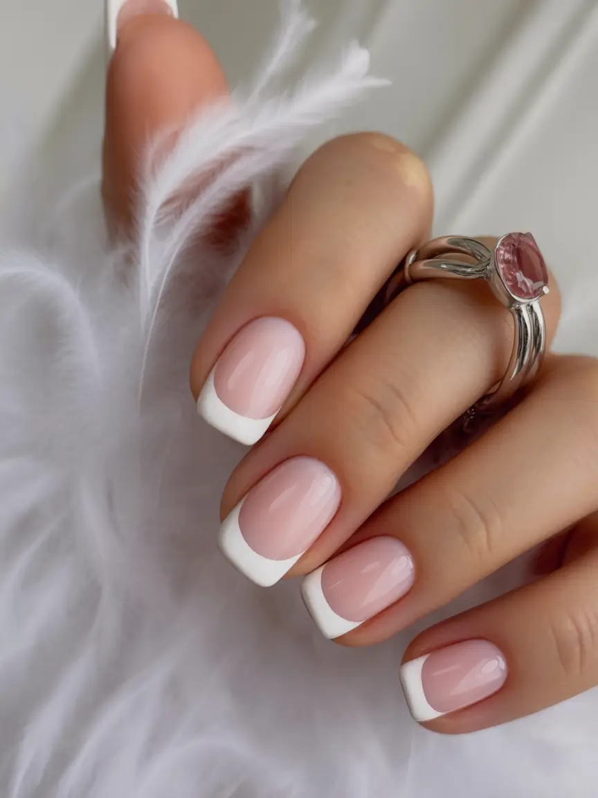 best french nails 2026 Sleek White Edge Square French With Soft Pink Base