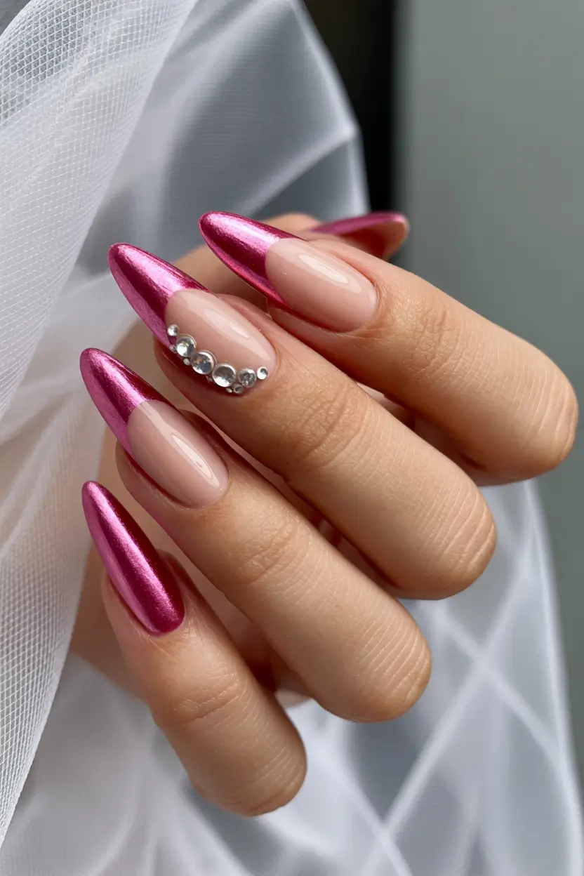 best gel nails 2026 Metallic Pink French With Crystal Arc