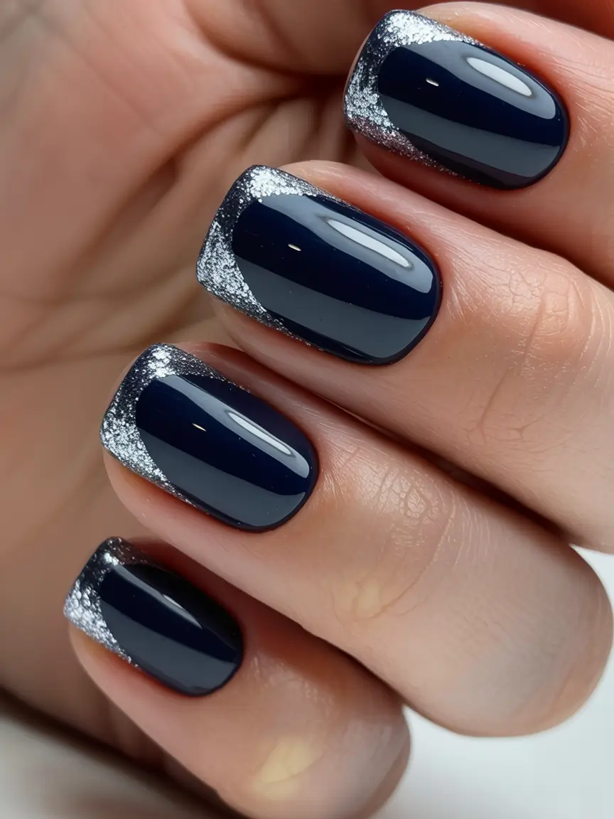 best gel nails 2026 Midnight Silver Crescent Tips