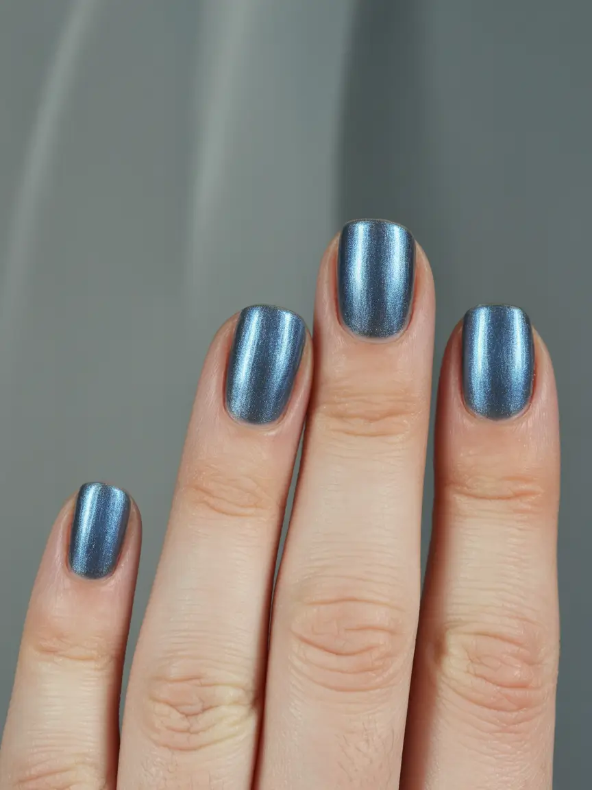 best gel nails 2026 Steel Blue Mirror Sheen