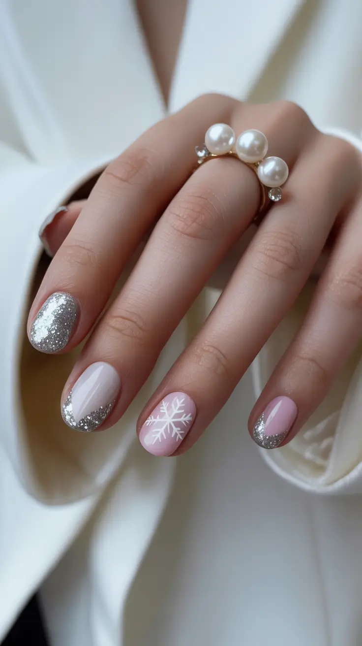 best gel nails 2026 Pink Frosted Tips With Snowflake Accent