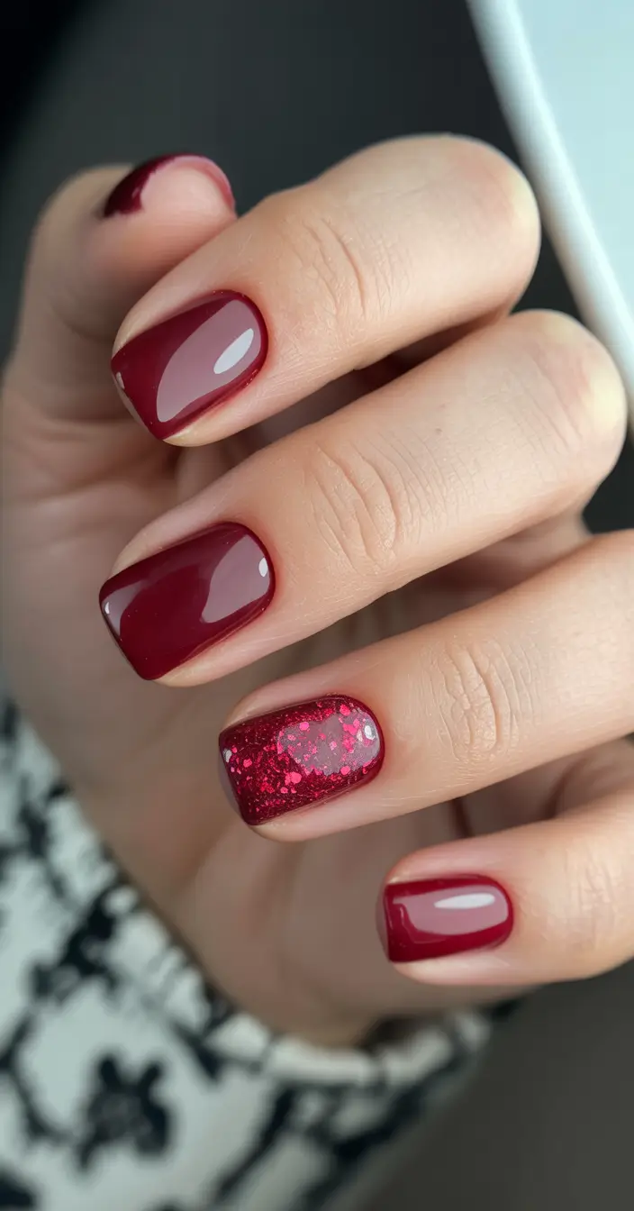 best gel nails 2026 Deep Ruby Glow With Glitter Accent