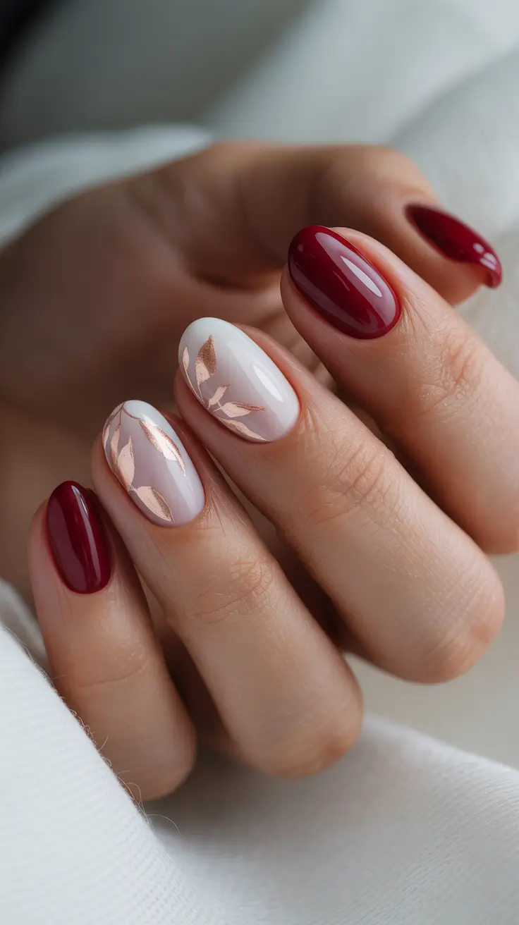 best gel nails 2026 Red Elegance With Rose Gold Leaf Art