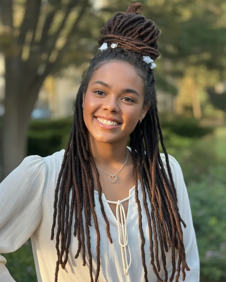 Best locs hairstyles 2026 Half Up Loc Bun With Playful Natural Length