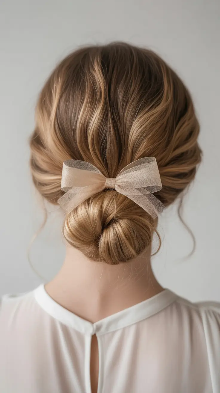Best quick hairstyles 2026 Delicate Twisted Bun With a Sheer Bow