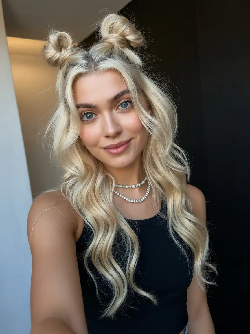 Best quick hairstyles 2026 Playful Double Mini Buns With Flowing Waves