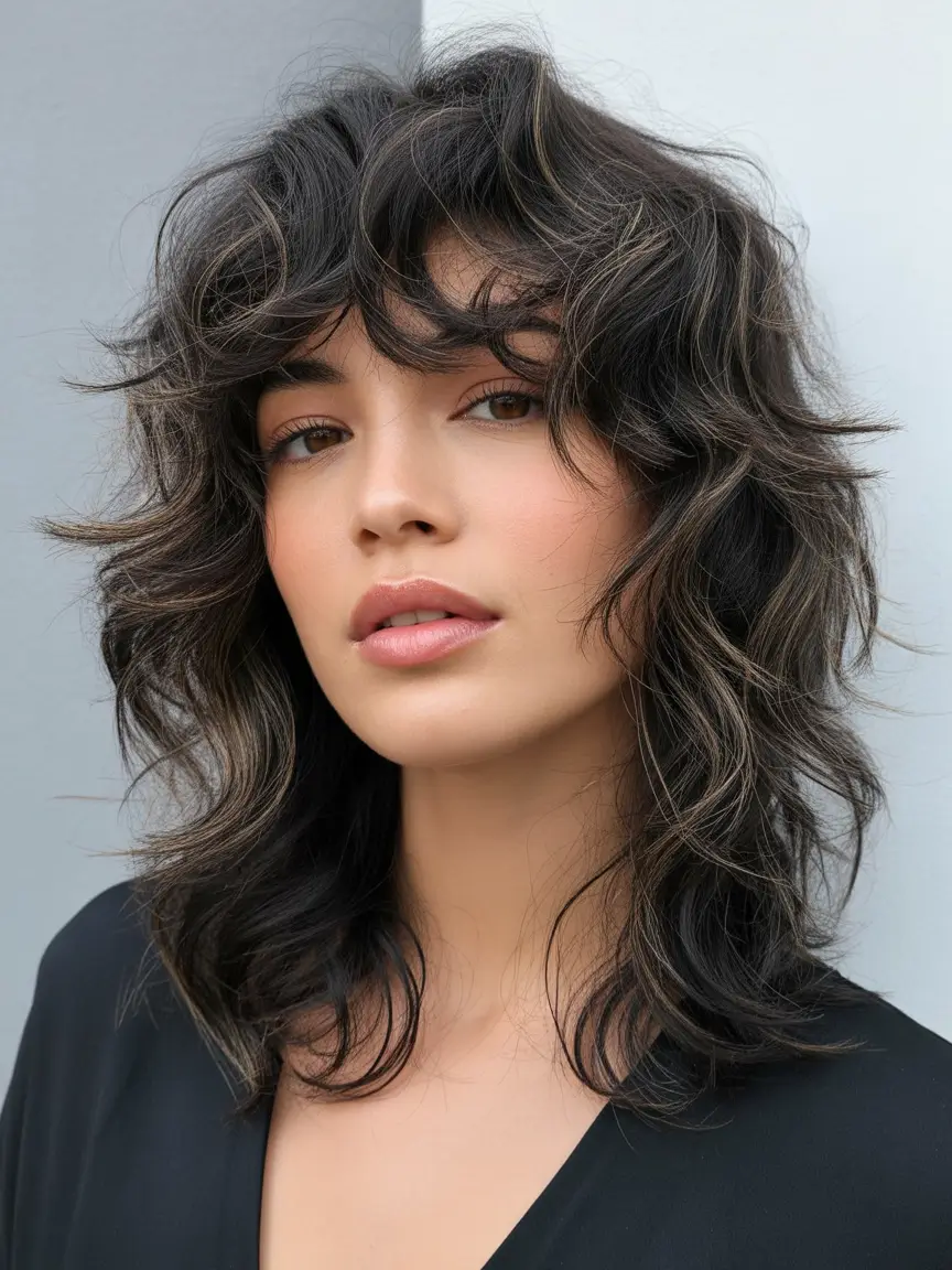 shag hairstyles Textured wavy brunette shag with undone fringe