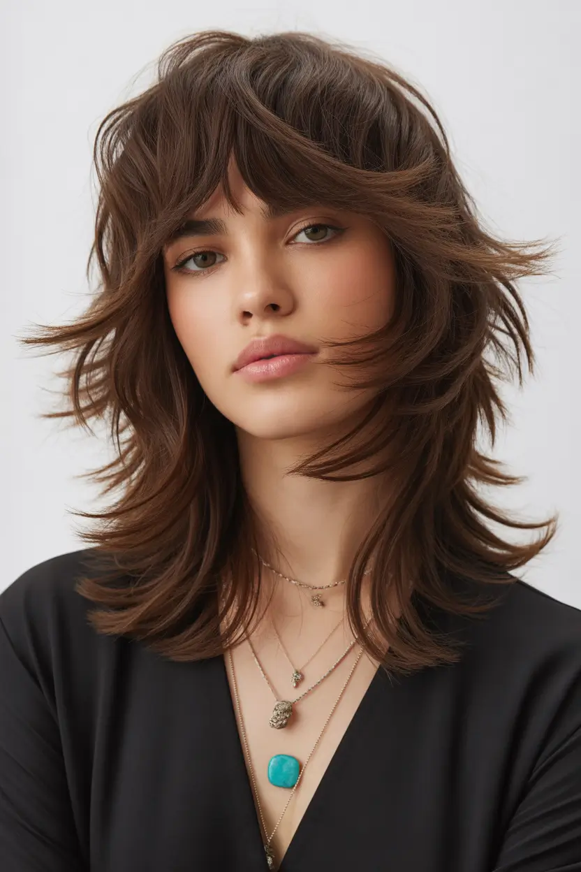 shag hairstyles Soft layered chestnut shag with breezy texture