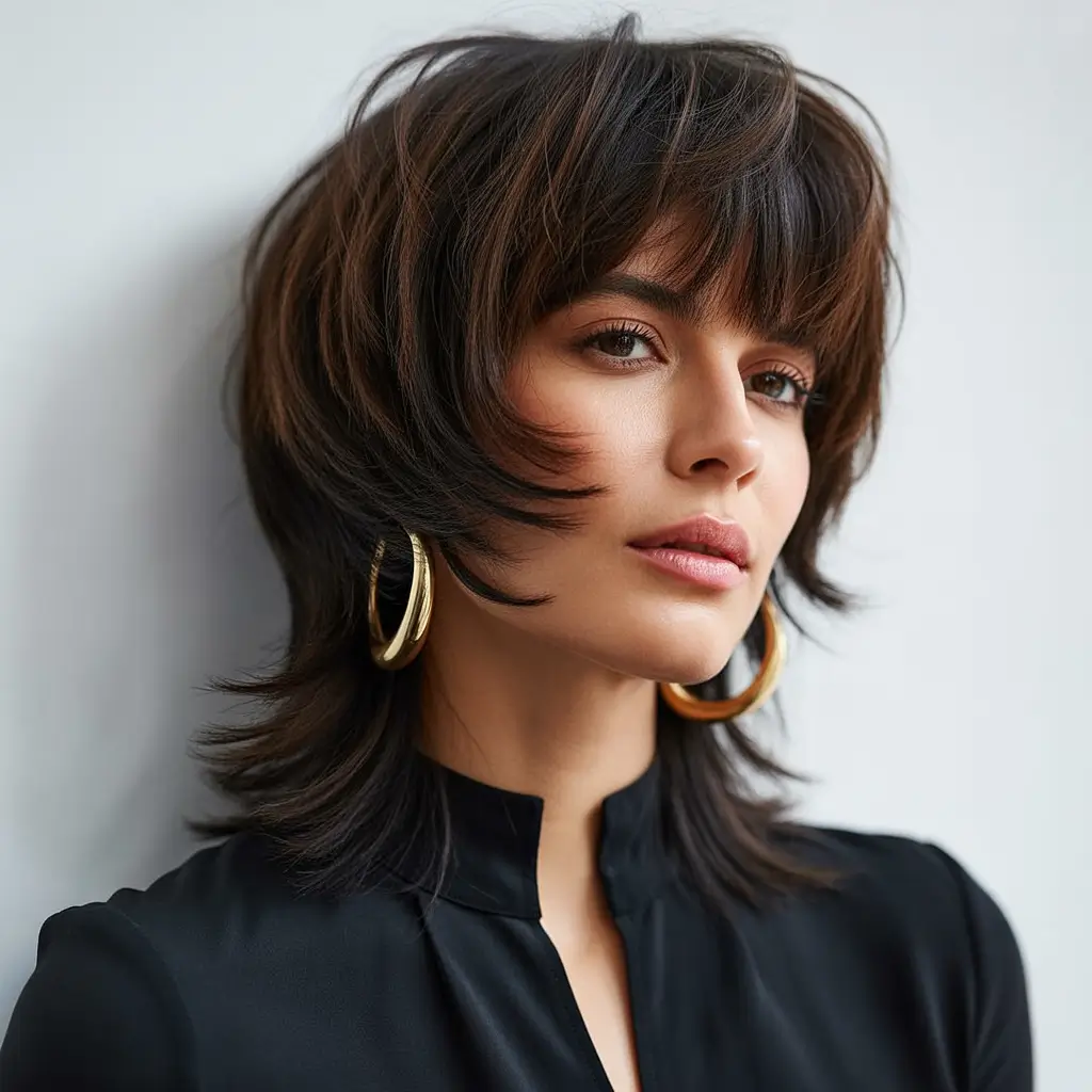 shag hairstyles Chic layered brunette shag with sculpted movement