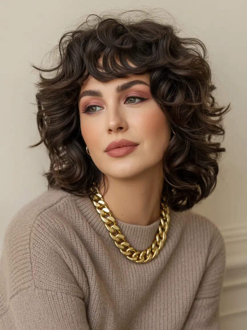 shag hairstyles Curly sculpted medium shag with airy fringe