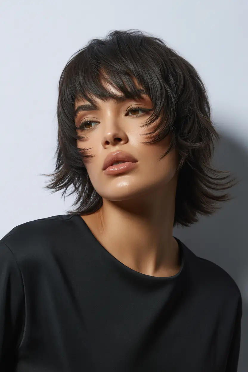 shag hairstyles Tapered dark shag with feathered edges