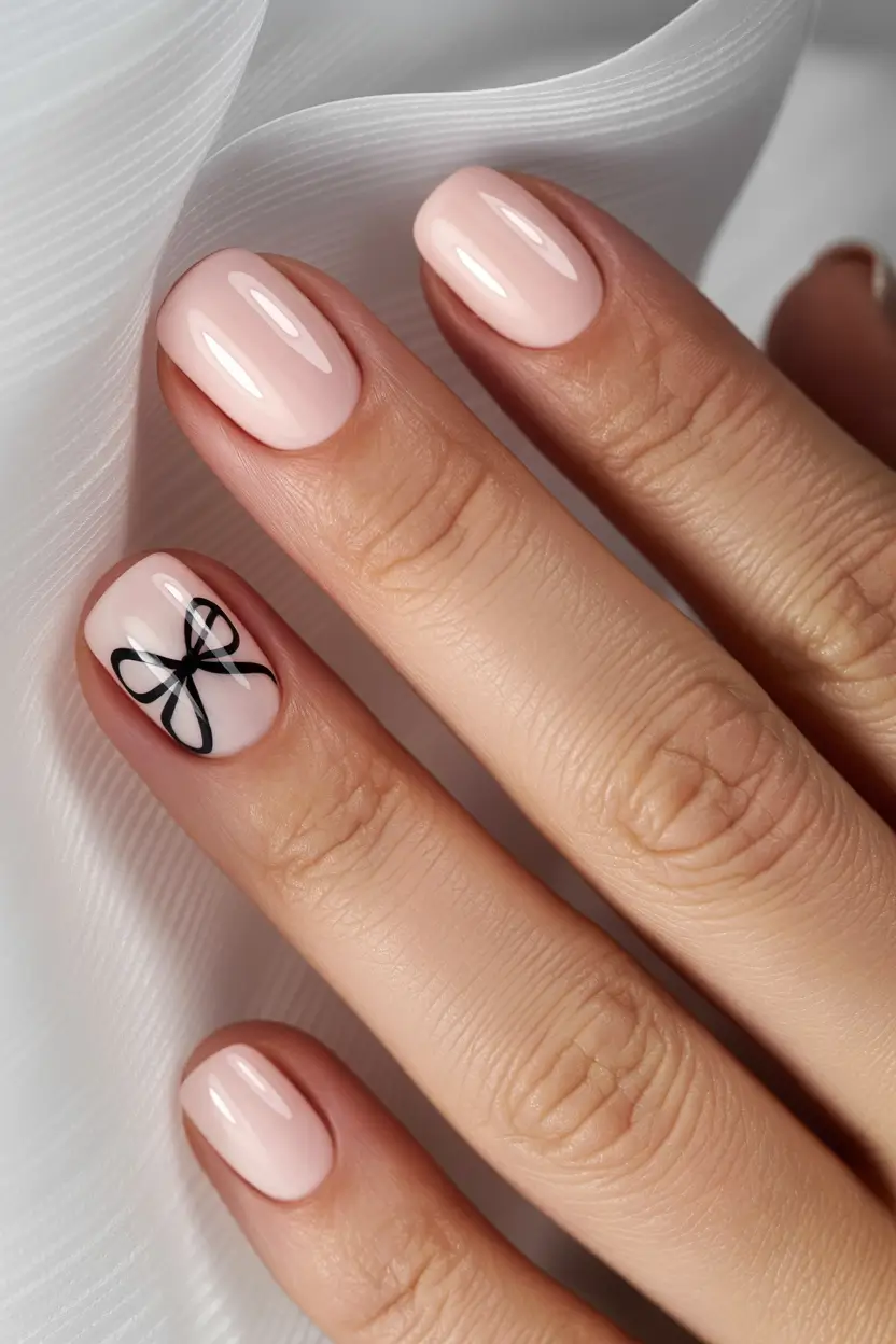 best short acrylic nails 2026 Milky Pink Nails With a Tiny Black Bow Detail