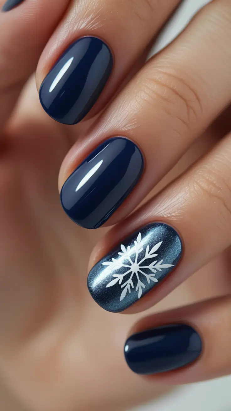 best short acrylic nails 2026 Navy Blue Winter Nails With a Crisp Snowflake Accent