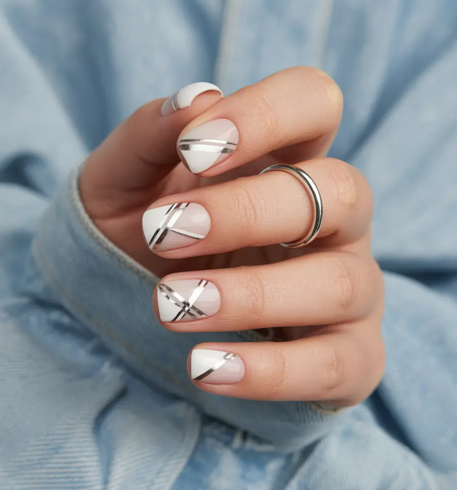 best short acrylic nails 2026 White Micro French Nails With Sleek Silver Line Art