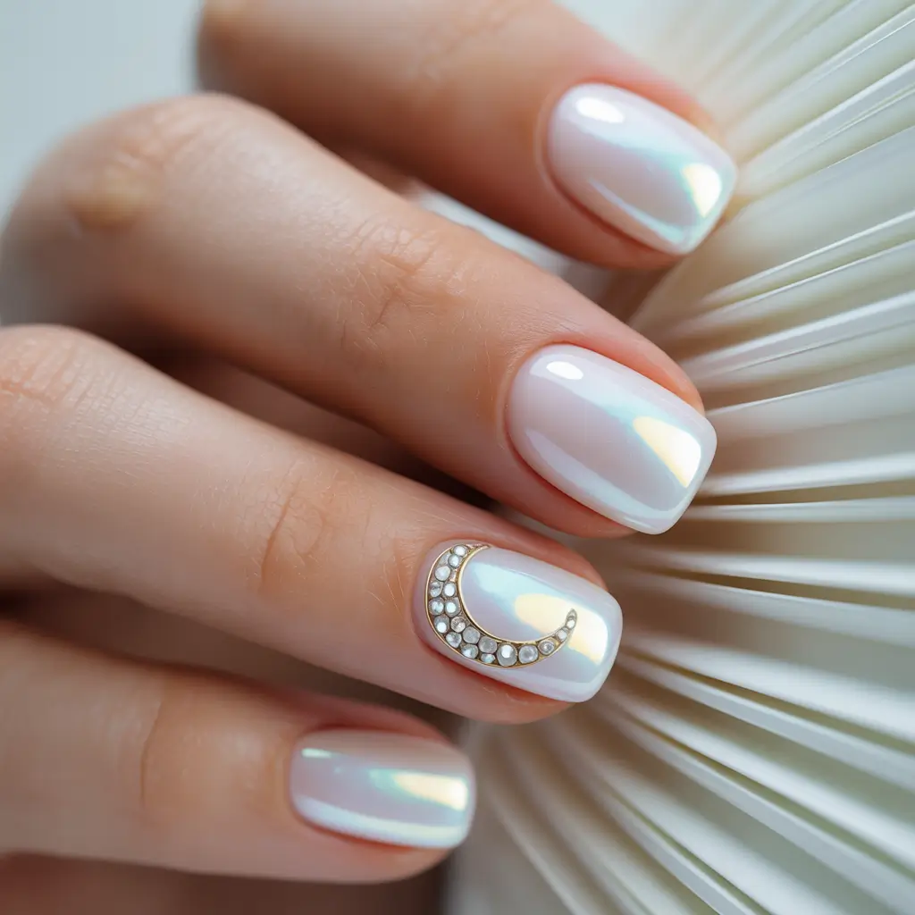 best short acrylic nails 2026 Pearly White Glaze Nails With a Moon Charm Detail