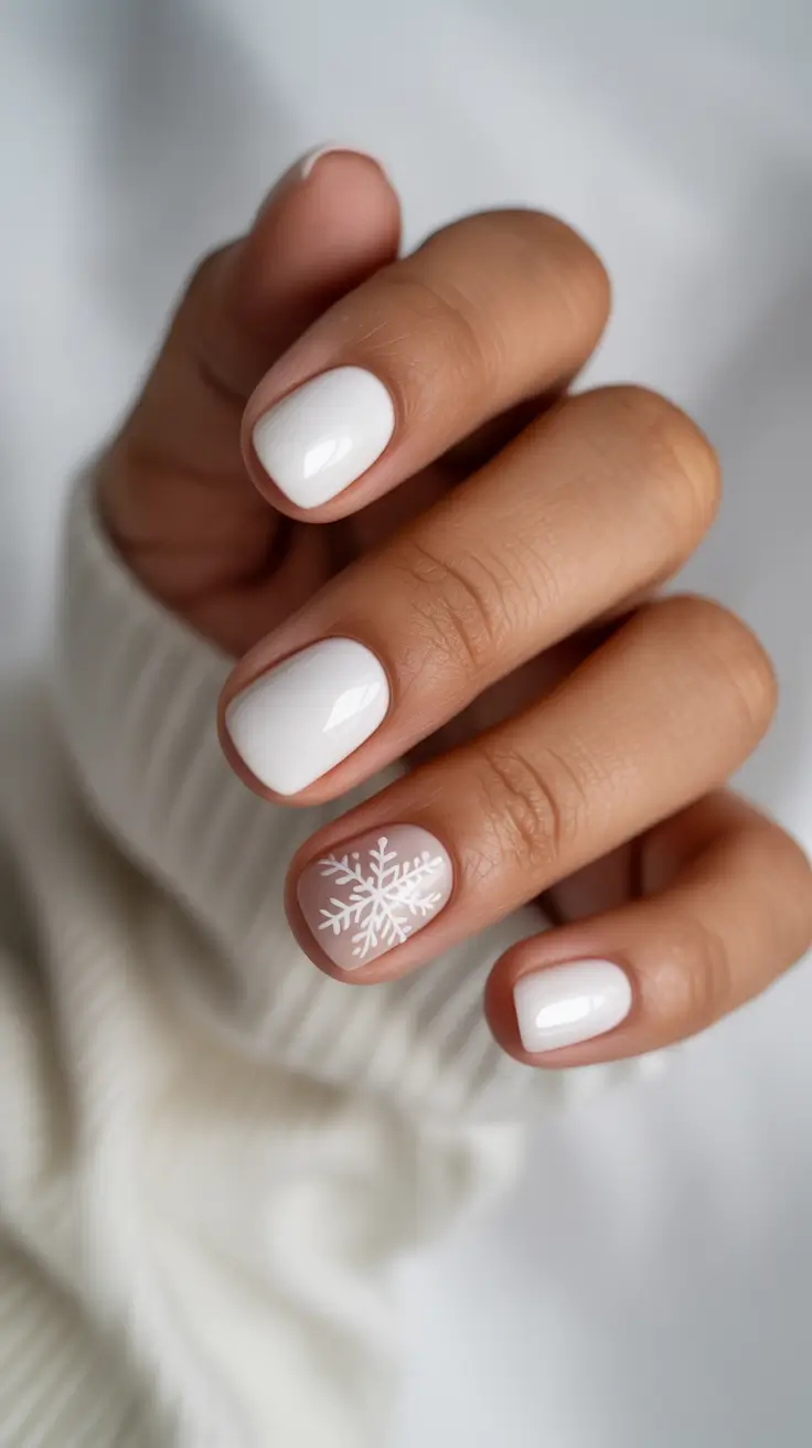 best short acrylic nails 2026 Classic White Short Nails With a Tiny Snowflake Accent