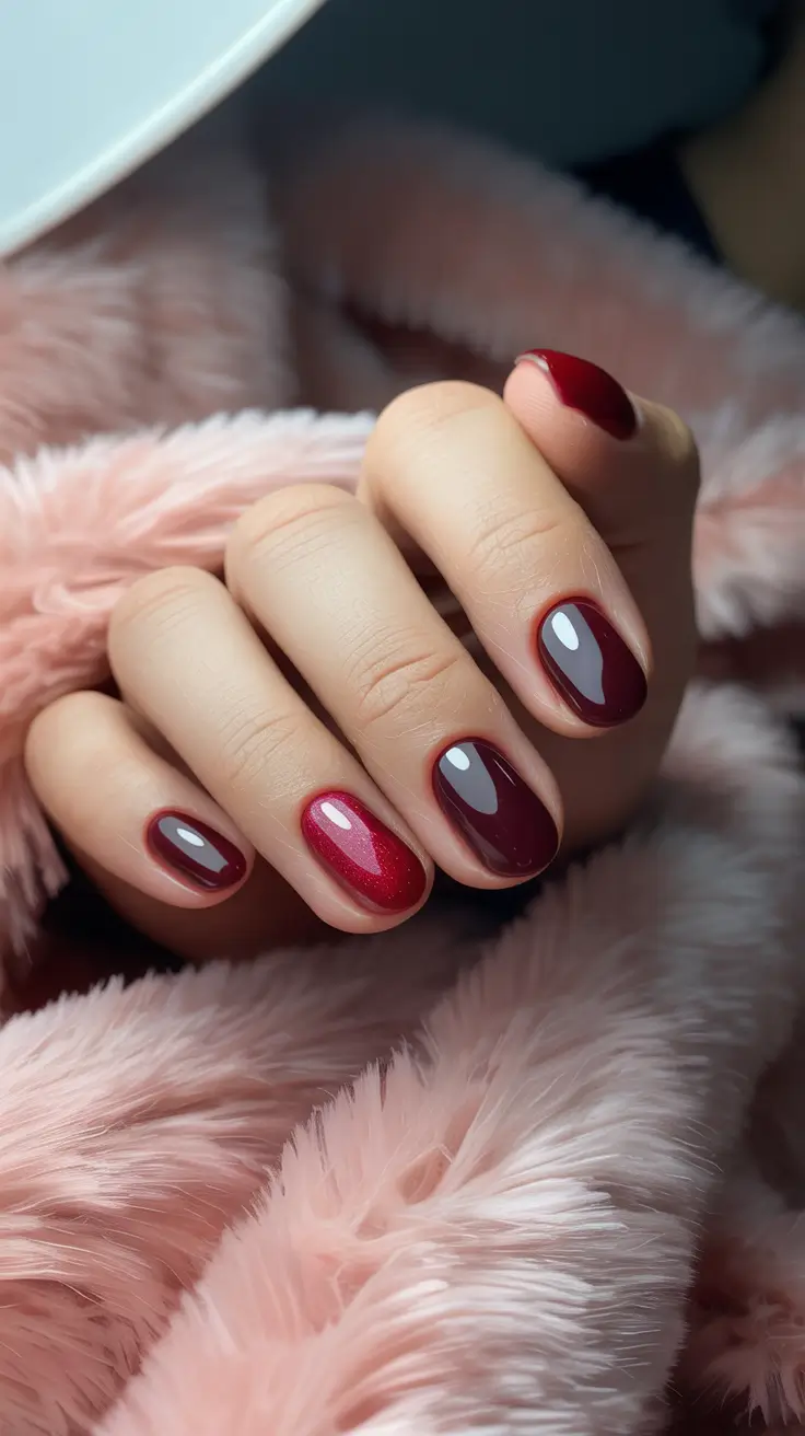best short acrylic nails 2026 Deep Burgundy Nails With One Ruby Glitter Accent