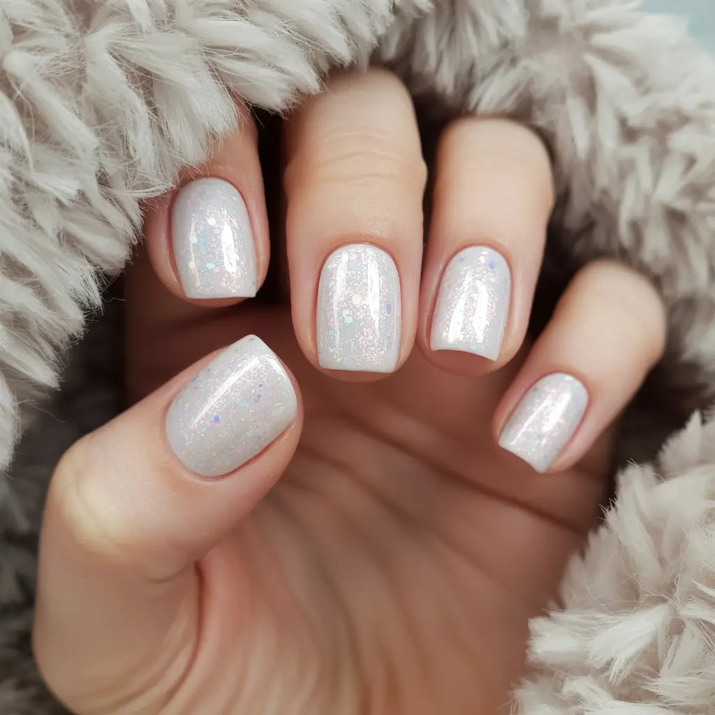 best short acrylic nails 2026 Iridescent White Shimmer Nails That Look Like Fresh Snow