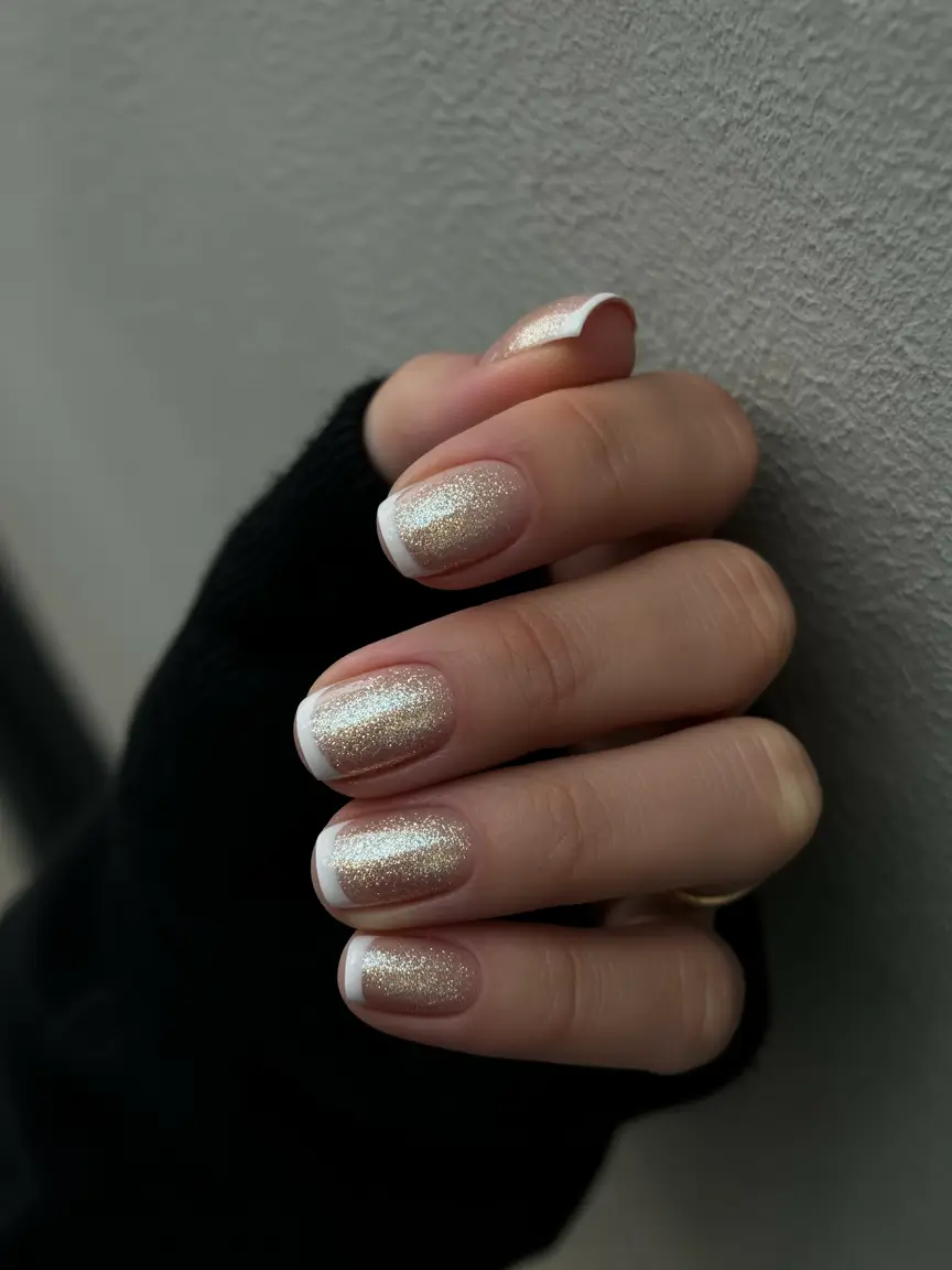 best short acrylic nails 2026 Champagne French Tips With a Sparkle Upgrade