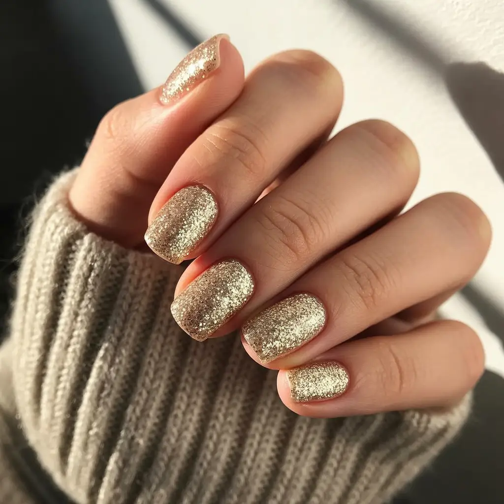 best short acrylic nails 2026 Gold Glitter Short Acrylics That Look Like Champagne Bubbles