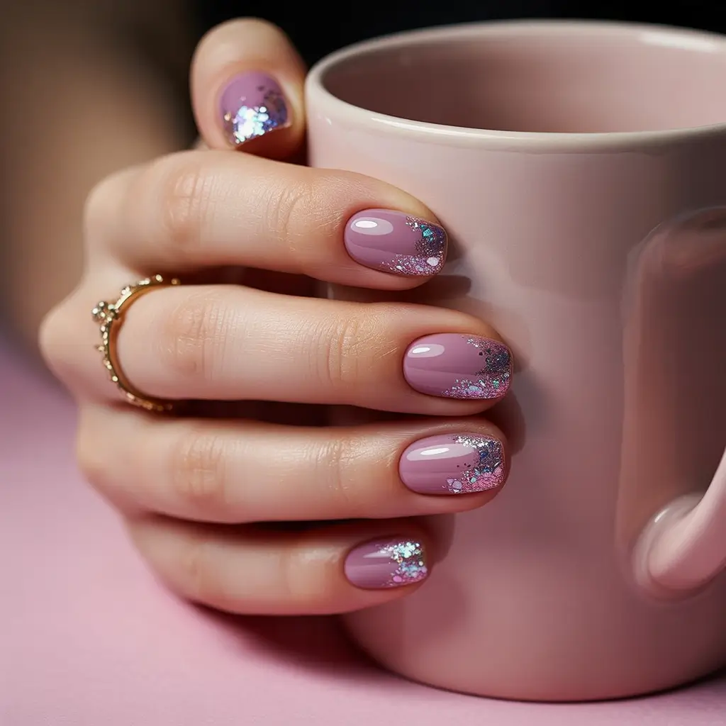 best short acrylic nails 2026 Lavender Short Nails With Glitter Tips for Soft Baddie Energy