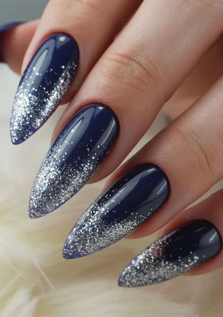 Topic (main keyword)+Deep Night Blue With Snowfall Glitter