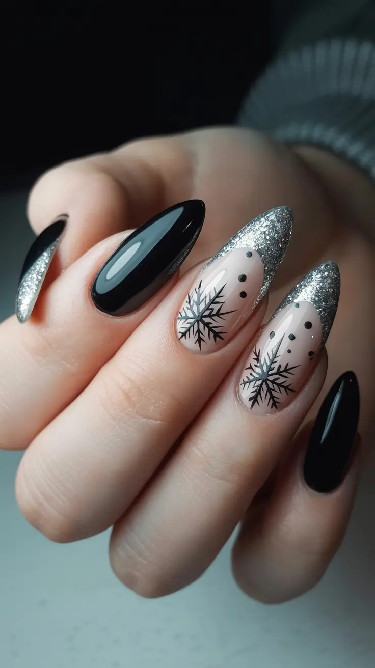 Topic (main keyword)+Black Winter Spark With Silver Snowflakes