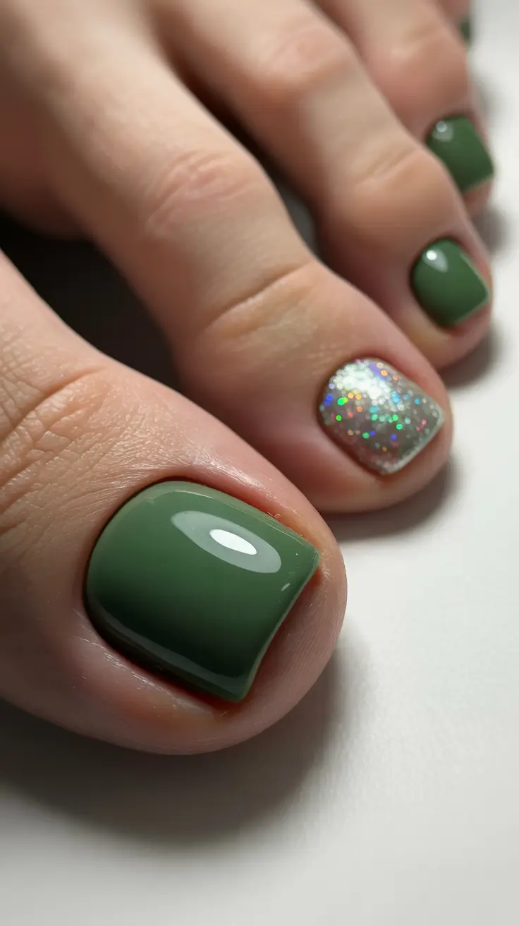 best toe nail colors 2026 Modern Moss Green With A Spark Of Glitter