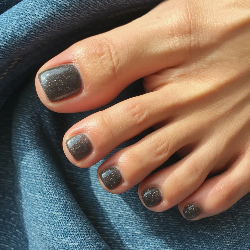best toe nail colors 2026 Soft Graphite Sparkle With A Denim Glow
