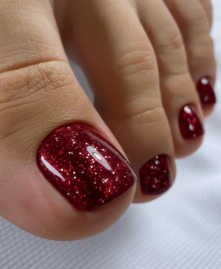 best toe nail colors 2026 Red Glitter Drama With Festive Depth