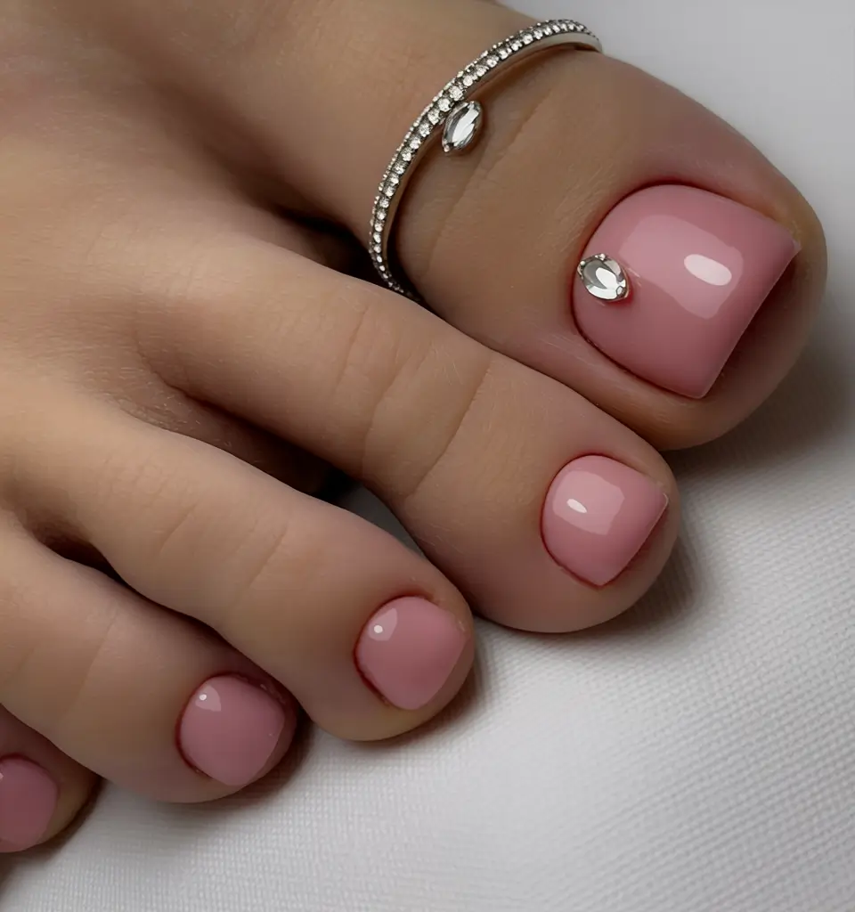 best toe nail colors 2026 Blush Pink Glow With Crystal Minimalism